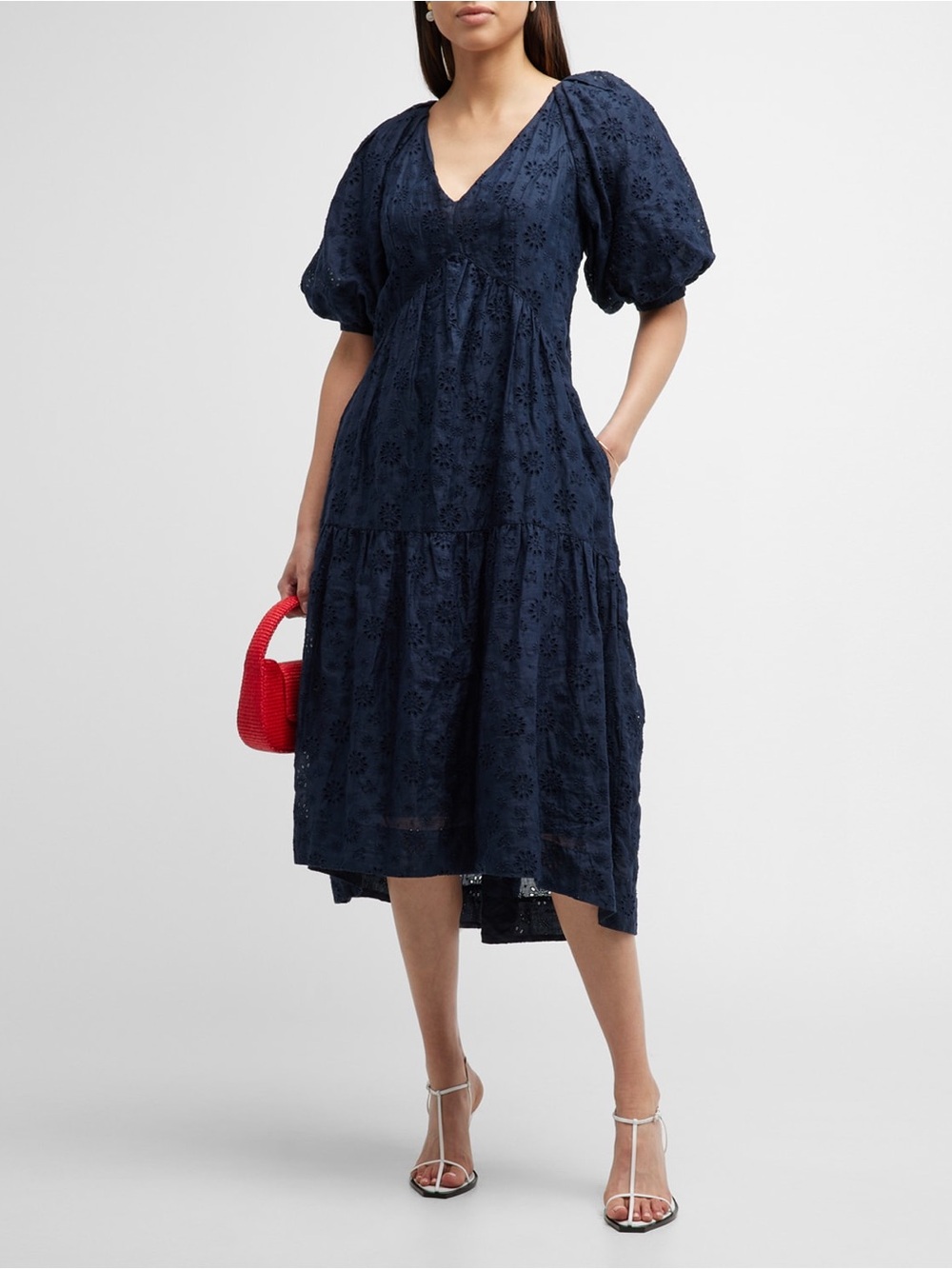 Frame Navy Eyelet Puff Sleeve Midi Dress